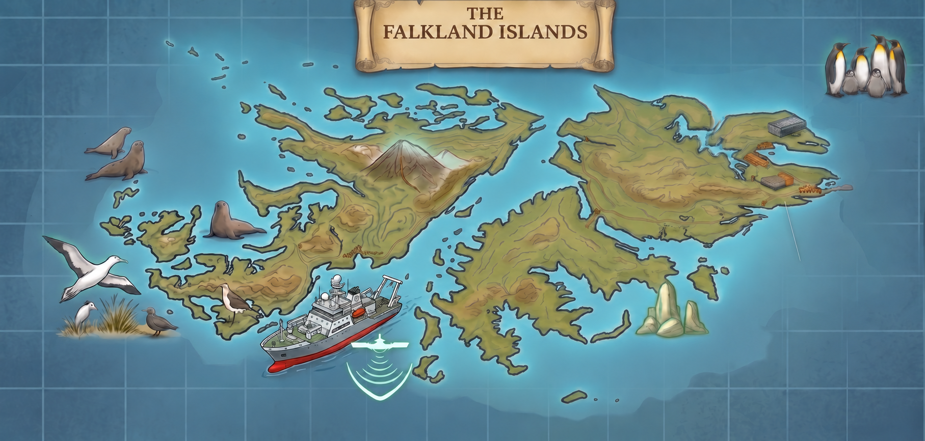 Illustrated field map of the Falkland Islands with research sites at Volunteer Point, Sea Lion Island, Carcass Island, Stanley and the Stone Runs.