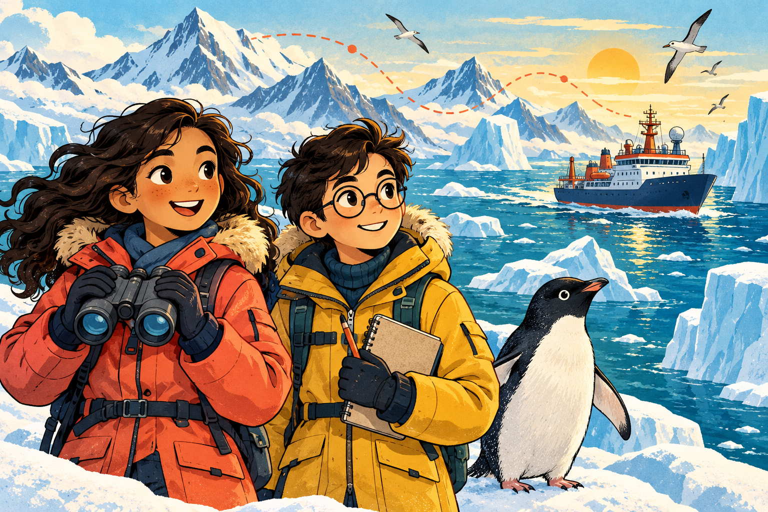 Two young explorers with binoculars and a field notebook meet a penguin beside Antarctic icebergs and a research ship.