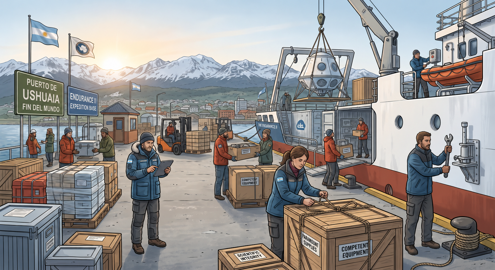 Busy Ushuaia dock where the Endurance II, with its white upper hull and reddish lower hull, is being stocked and prepared for departure.