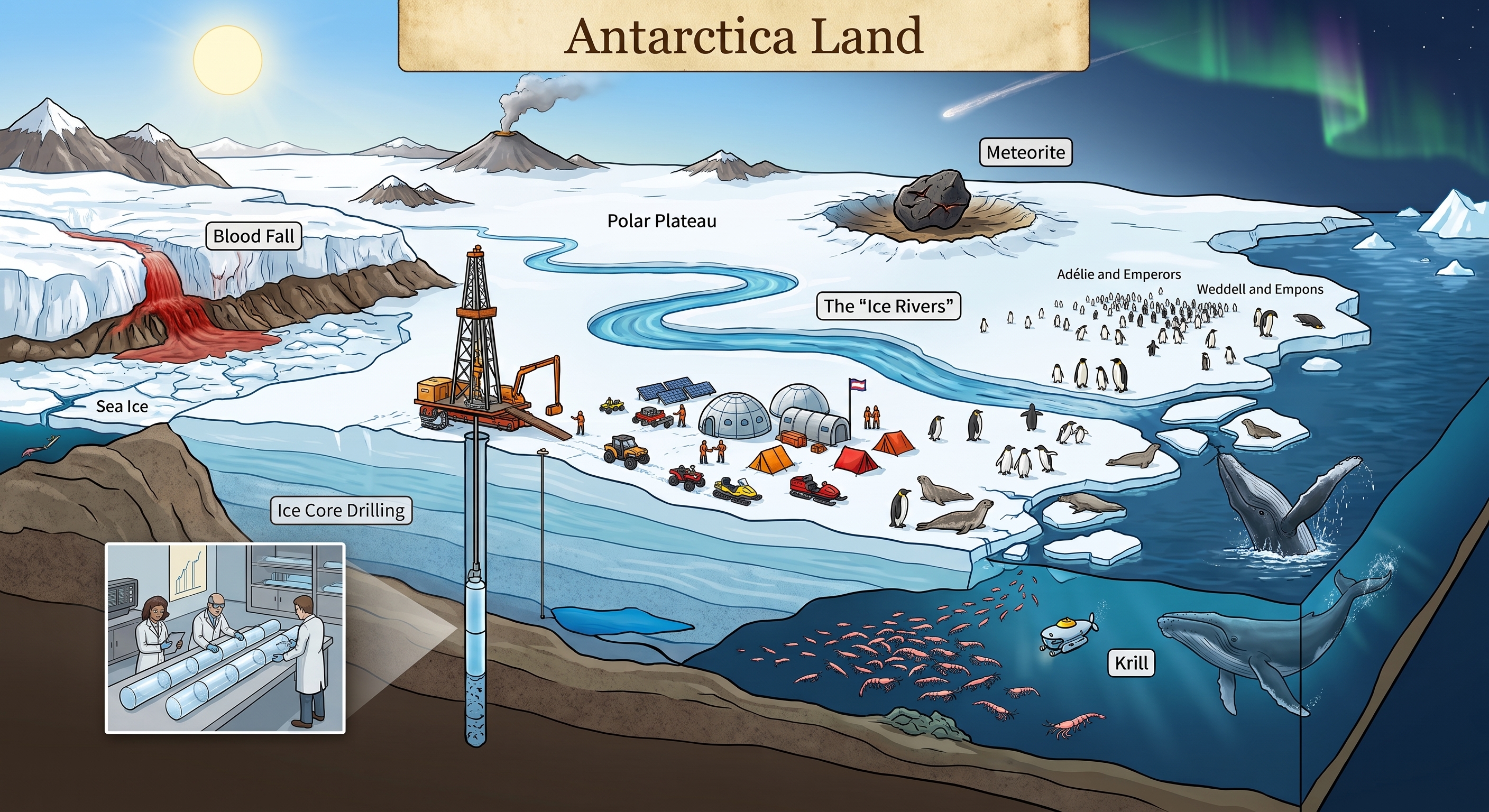 Antarctic landscape showing ice core drilling, Blood Fall, a meteorite, ice rivers and krill. The location names are printed on the artwork.