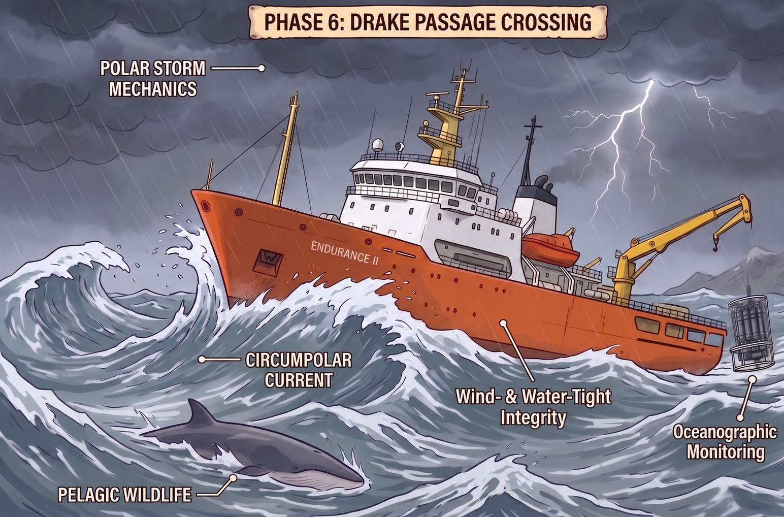 The Endurance II crosses stormy seas. Labels mark Polar Storm Mechanics, Circumpolar Current, Pelagic Wildlife, Wind- and Water-Tight Integrity, and Oceanographic Monitoring.