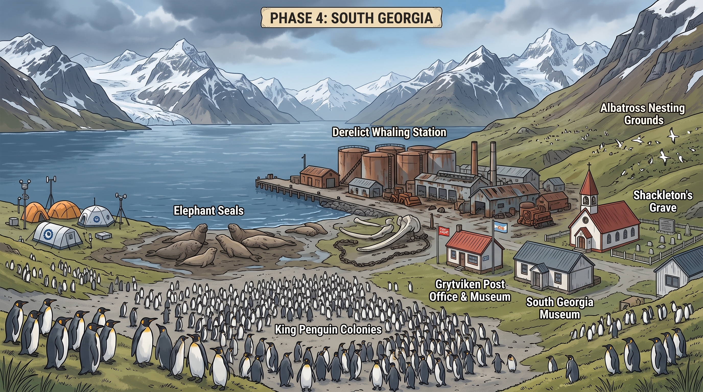 South Georgia coastline showing king penguin colonies, elephant seals, a derelict whaling station, albatross nesting grounds and Grytviken Post Office and Museum.