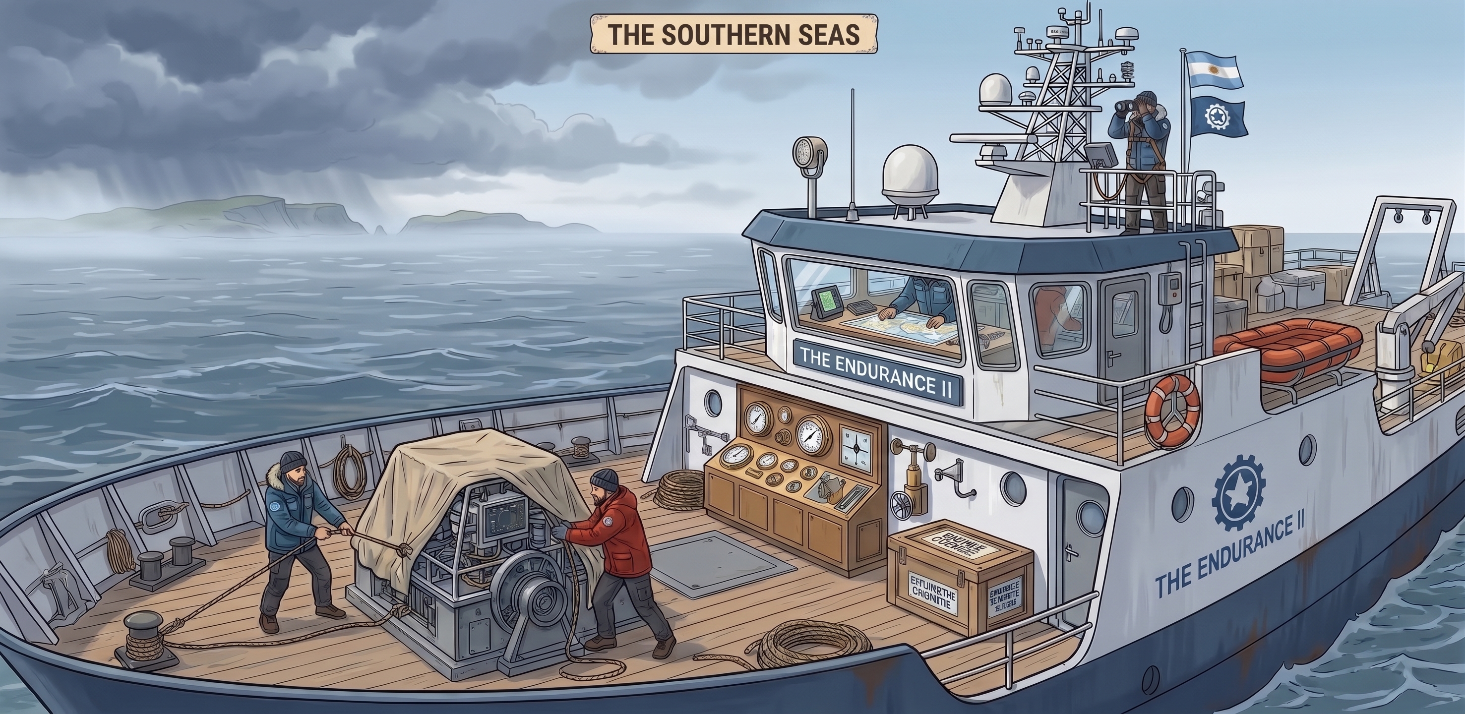 Open deck of the Endurance II sailing through the southern seas, with crew working at the winch, navigation table, weather console and mast lookout.