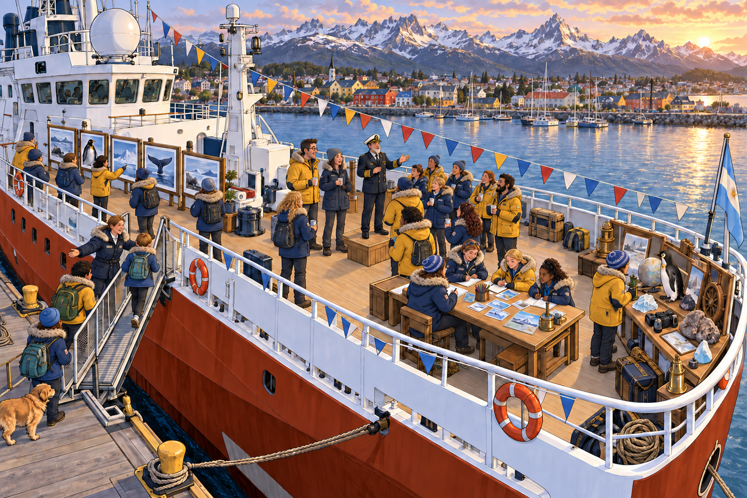 The Endurance II is docked in Ushuaia at sunset. Crew in yellow and navy parkas celebrate beside expedition photographs, a captain's speech, postcards and keepsakes.